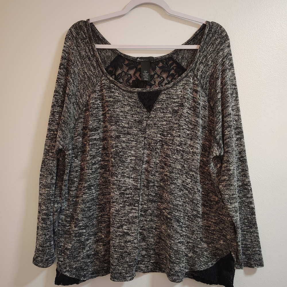 Gray and Black Knit Sweater with Lace Detail